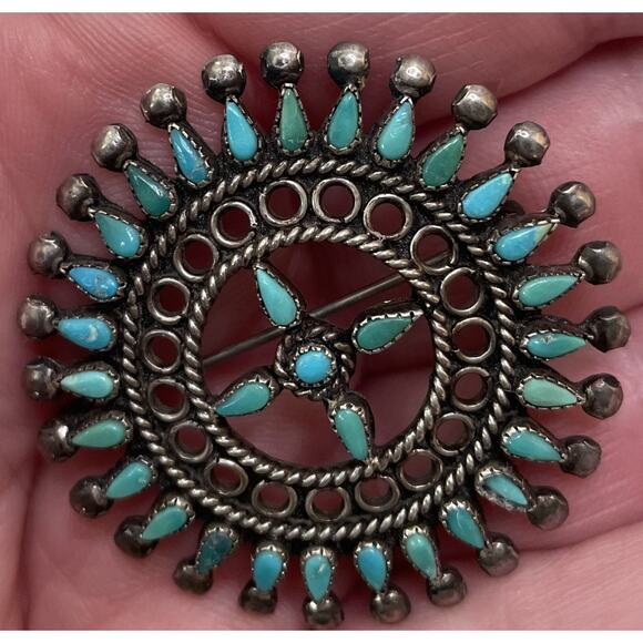 Vintage Zuni Petit Point Silver & Turquoise Brooch Pin Native American Old Pawn - Picture 11 of 11